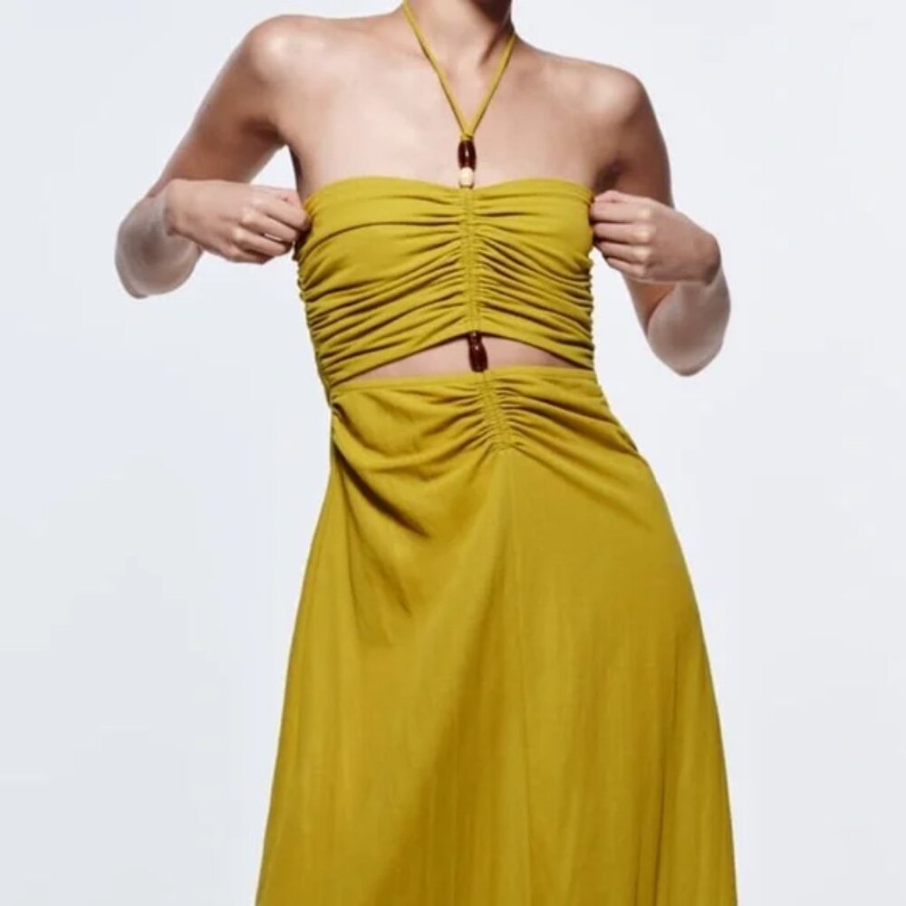 NWT Zara Yellow Green Cutout Halter Dress with bead - Picture 2 of 9